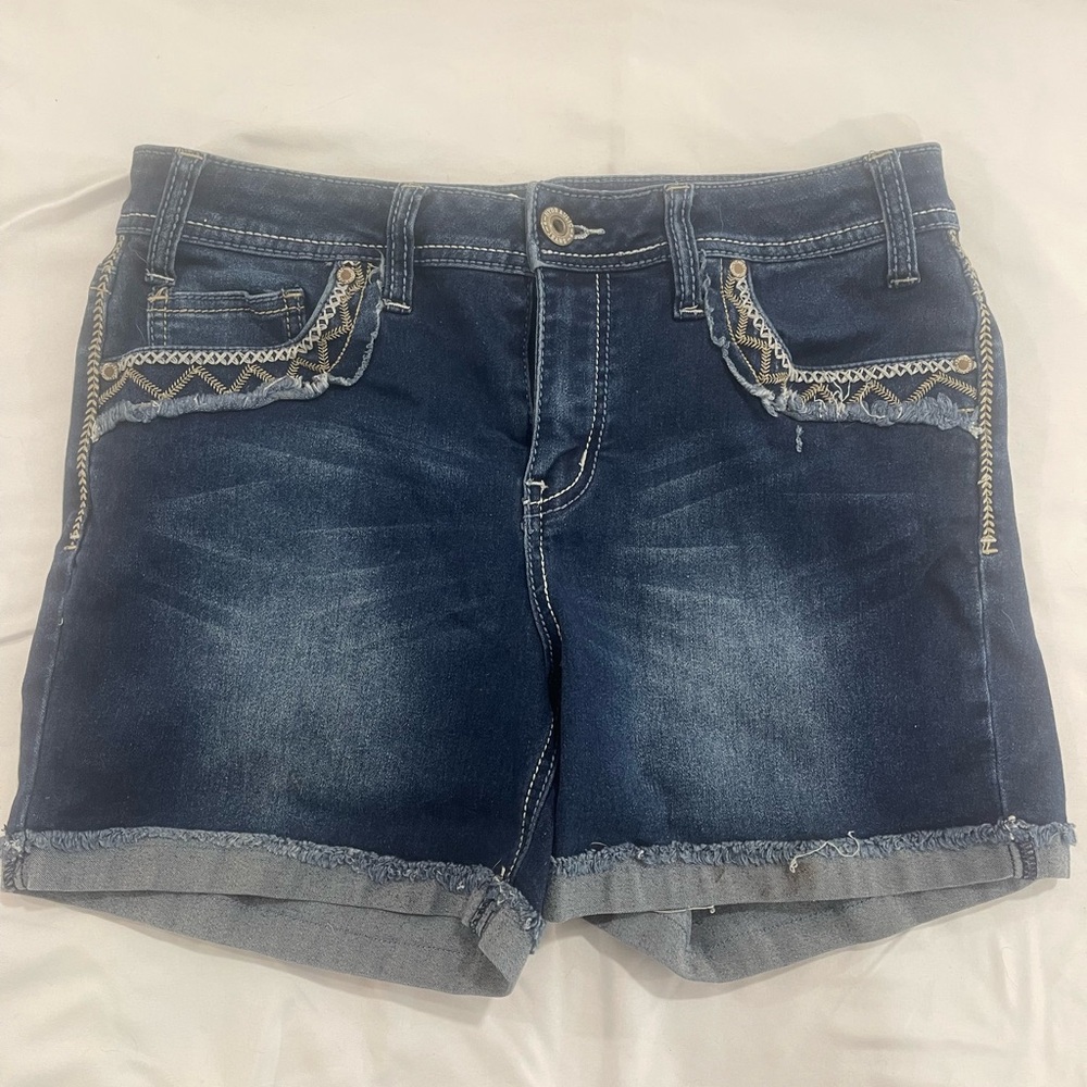 Hydraulic Blue Jean Shorts with Rolled Cuffs and Decorative Stitching
